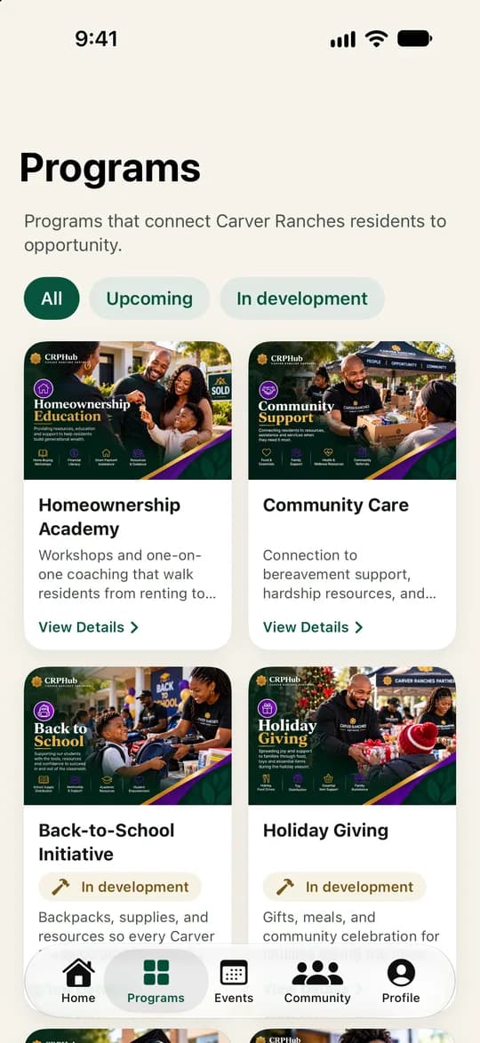 CRPHub programs screen listing Carver Ranches Partners programs